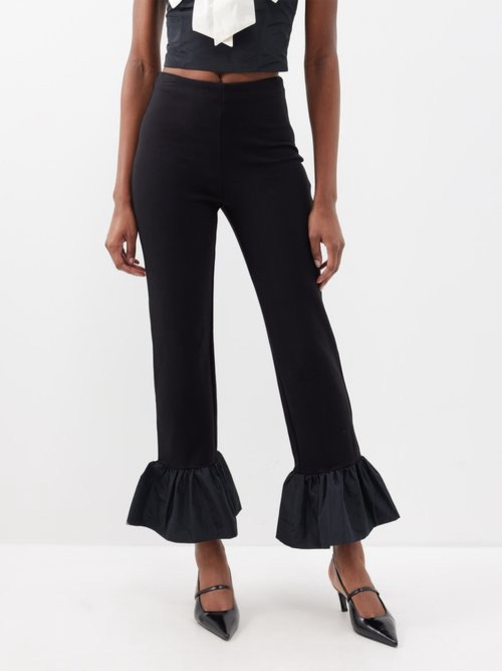 STAUD Black Wide-Leg Ruffle-Hem Pants